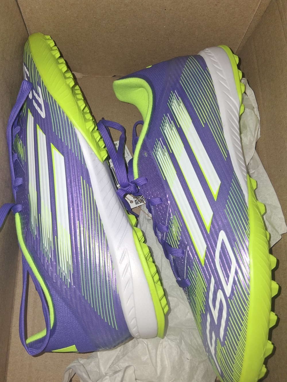 adidas F50 League TF Women's Purple & Neon Green Soccer Cleats - Picture 3 of 5